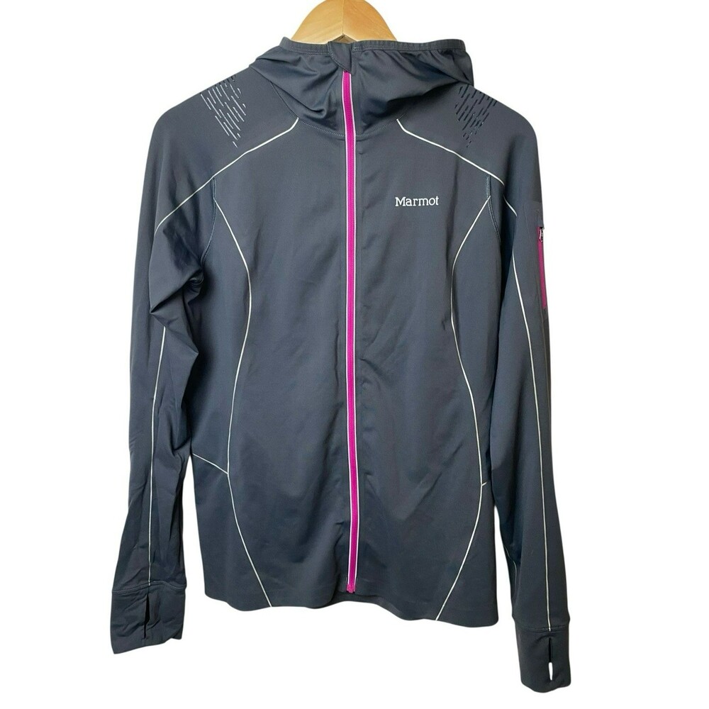 Marmot Women’s Hooded Softshell Jacket Medium Gray Pink Full Zip Reflective